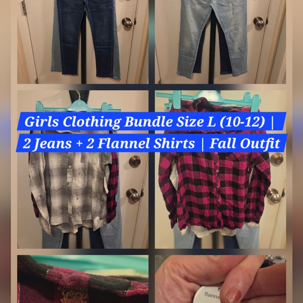 Girls Clothing Bundle Size L (10-12) | 2 Jeans + 2 Flannel Shirts | Fall Outfit